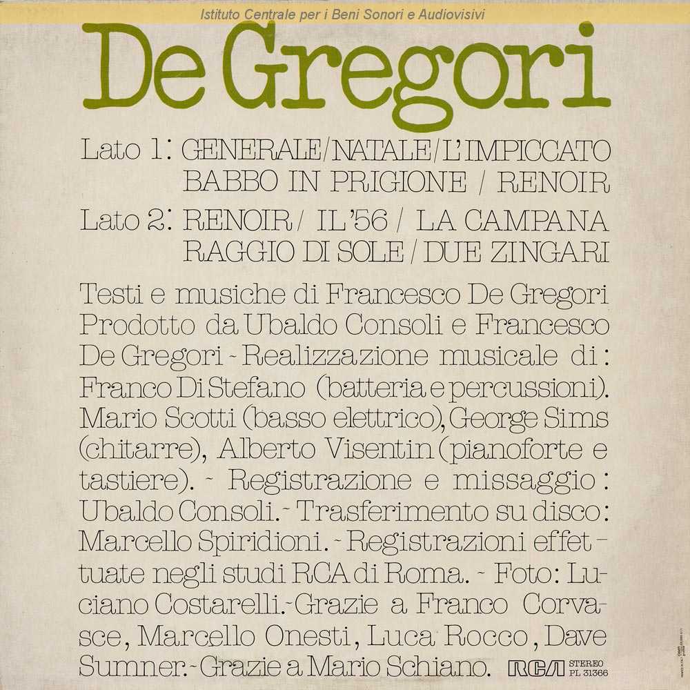 De Gregori Natale.Discografia Nazionale Della Canzone Italiana